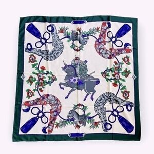 Designer Equestrian Animal Print Silk Scarf 34"x34" Handmade France Purple Green